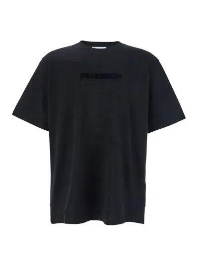 Jw Anderson Black Crewneck T-shirt With Logo Embroidery On The Front In Cotton Man