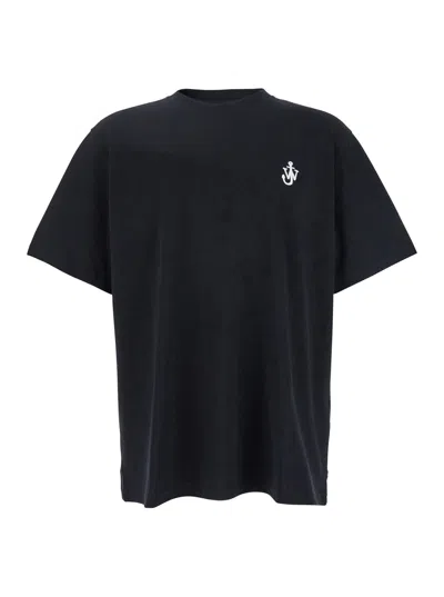 JW ANDERSON JW ANDERSON BLACK CREWNECK T-SHIRT WITH LOGO EMBROIDERY ON THE FRONT IN COTTON MAN