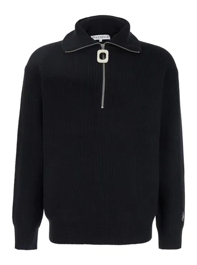 JW ANDERSON BLACK HIGH NECK SWEATER WITH FRONT ZIP CLOSURE AND LOGO EMBROIDERY IN WOOL MAN