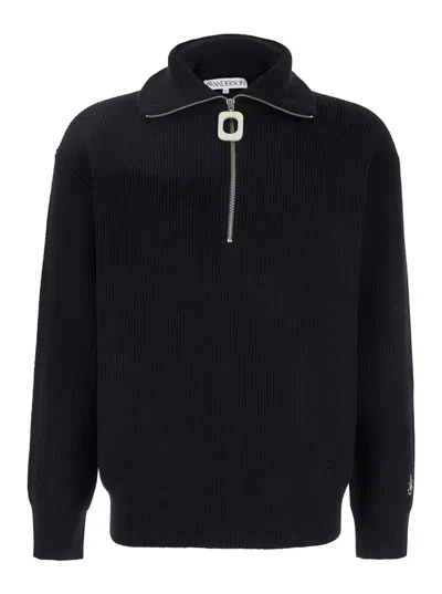 Jw Anderson Black High Neck Sweater With Front Zip Closure And Logo Embroidery In Wool Man In Multicolor