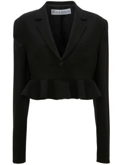 Jw Anderson Black Ruffled Trim Cropped Blazer For Women