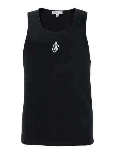 Jw Anderson Black Sleeveless Top With Logo Embroidery On The Front In Cotton Man