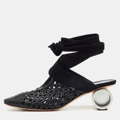 Pre-owned Jw Anderson Black Woven Patent Leather And Suede Cylinder Heel Ankle Tie Mules Size 37