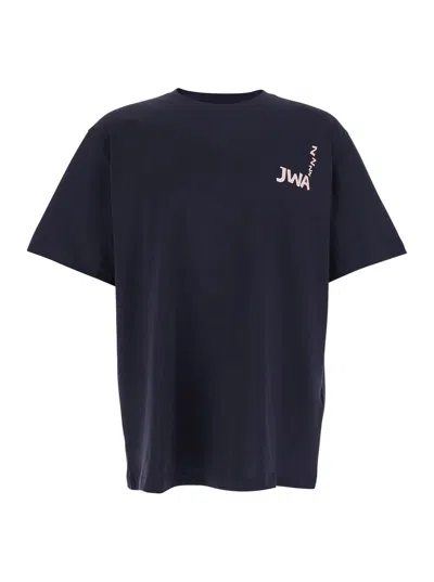 JW ANDERSON BLUE CREWNECK T-SHIRT WITH LOGO DETAIL ON THE FRONT AND MAXI SLOGAN PRINT ON THE REAR IN COTTON MAN
