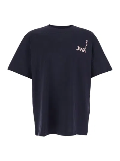 JW ANDERSON BLUE CREWNECK T-SHIRT WITH LOGO DETAIL ON THE FRONT AND MAXI SLOGAN PRINT ON THE REAR IN COTTON MAN