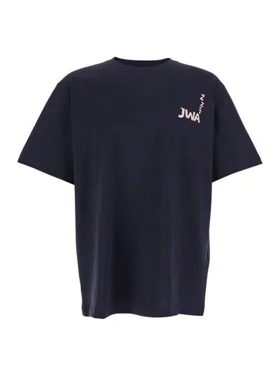 Jw Anderson Blue Crewneck T-shirt With Logo Detail On The Front And Maxi Slogan Print On The Rear In Cotton Man