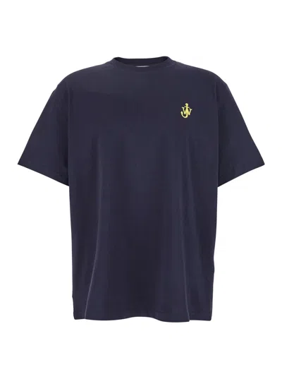 Jw Anderson Blue Crewneck T-shirt With Logo Embroidery On The Front In Cotton Man In Multicolor