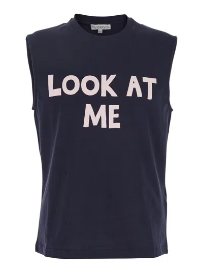 JW ANDERSON BLUE SLEEVELESS TOP WITH MAXI PRINT ON THE FRONT AND LOGO DETAIL ON THE REAR