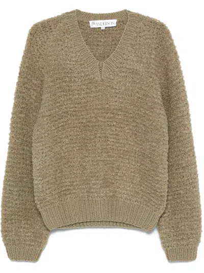 Jw Anderson J. W. Anderson Textured Knit V-neck Sweater In Beige