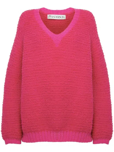 Jw Anderson Bouclé V-neck Sweater In Pink