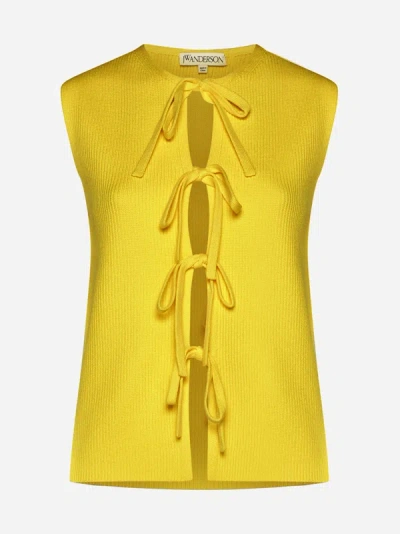 Jw Anderson Tie-detailed Ribbed Cotton-blend Top In Bright Yellow