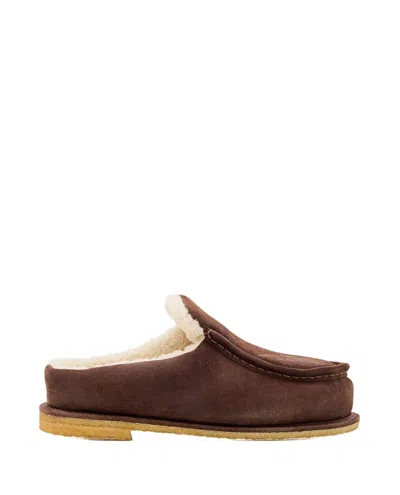 Jw Anderson Brown Suede Mules With Cozy Fur Interior And Embossed Seams