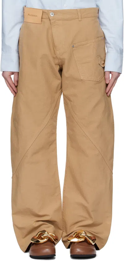 Jw Anderson Mens Twisted Workwear Panelled Wide-leg Cotton Trousers Flax