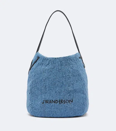 Jw Anderson Bulb Small Beaded Leather-trimmed Shoulder Bag In Blue