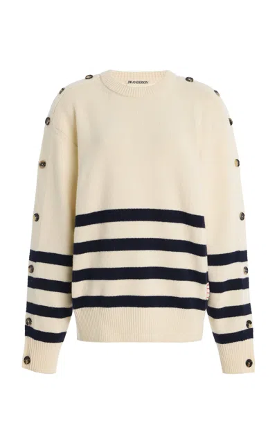 Jw Anderson Button-sleeve Breton Wool Sweater In White