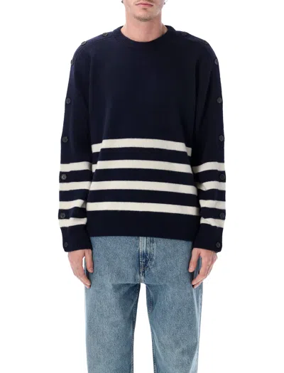 Jw Anderson Mens Buttoned Sleeve Breton Jumper In Navy In Blue