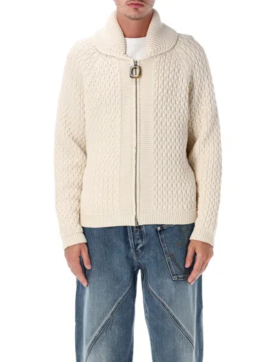 Jw Anderson Honeycomb Cable-knit Cotton-blend Zip-up Cardigan In Neutral