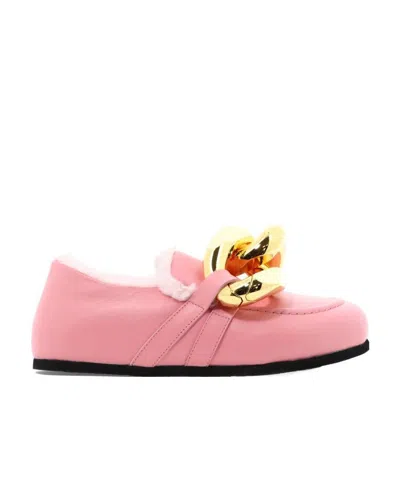 Jw Anderson Pink Shearling Chain Loafers In 321 Rose