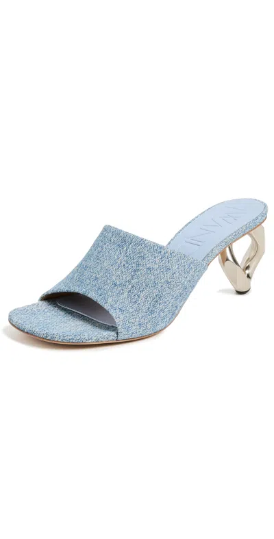JW ANDERSON CHAIN HEEL OPEN MULES WITH BRUSHED SILVER CHAIN BLUE