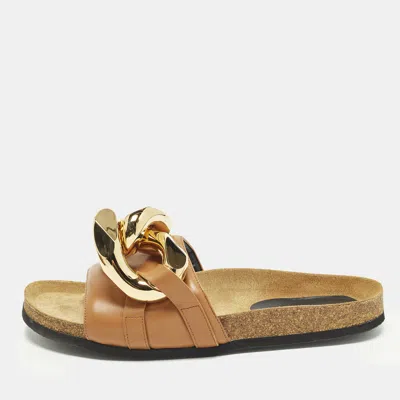 Pre-owned Jw Anderson Chain Link Size 42 Brown Leather Flat Slides