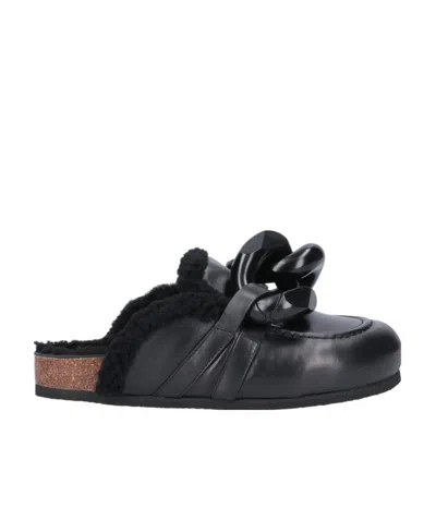 Jw Anderson Chain Shearling Mules In Black