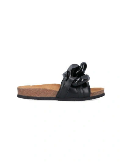 Jw Anderson Leather Chain Slide Sandals In Black