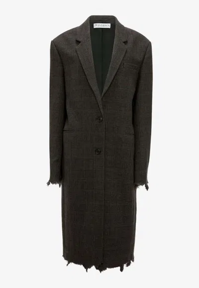 Jw Anderson Checked Distressed Long Coat In Wool In Gray