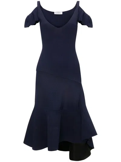 Jw Anderson Ruffle Cold-shoulder Rib Knit Midi Dress In Dark Navy