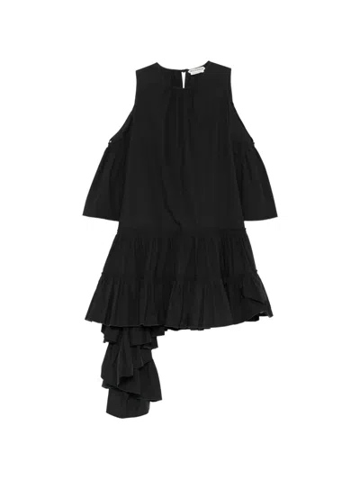 Jw Anderson Cold-shoulders Ruffled Asymmetric Dress In Blue