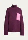 Jw Anderson Colorblock Patch Pocket Oversized Wool Turtleneck Sweater In Plum/bubblegum Pi