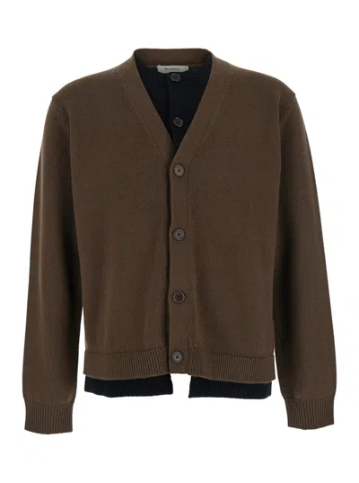 JW ANDERSON BROWN CARDIGAN WITH V-NECK AND LAYERED DESIGN IN FABRIC MAN