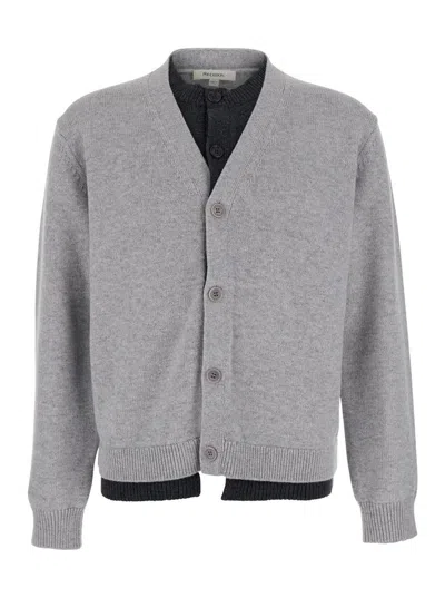 JW ANDERSON GREY CARDIGAN WITH V-NECK AND LAYERED DESIGN IN FABRIC MAN