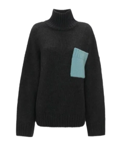 Jw Anderson J. W. Anderson Chunky Knit Sweater With Contrast Pocket And High Neck Design In Black