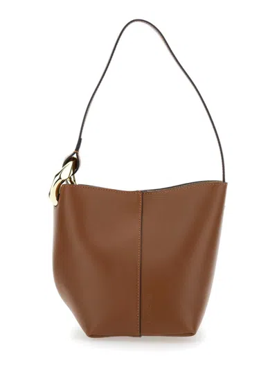 Jw Anderson Corner Small Bucket Brown Shoulder Bag With Metal Knot Detail In Leather Woman