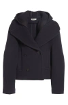 Jw Anderson Crop Double Face Wool Peacoat With Removable Hood In Blue