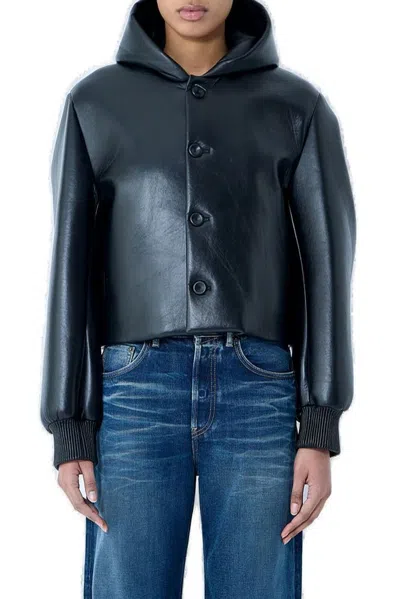 Jw Anderson Crop Leather Hooded Jacket In Black