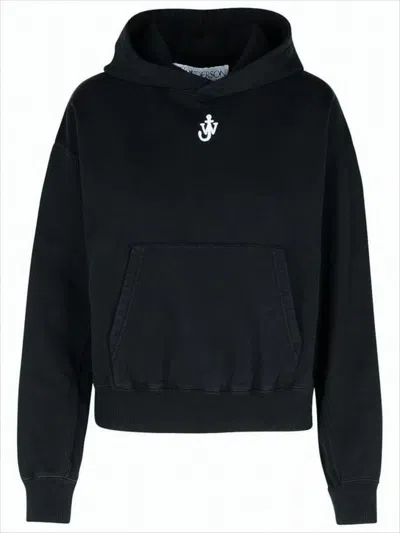 Jw Anderson Cropped Hooded Sweatshirt In Soft Cotton Fabric In Black