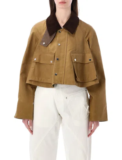 Jw Anderson Cropped Waxed Cotton Barn Jacket With Corduroy Collar In Biscuit