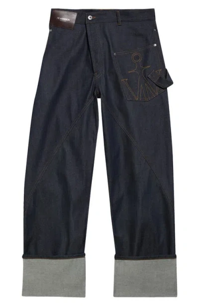 Jw Anderson Wide-leg Jeans With Twisted Turn-up And Utility Pocket In Blue