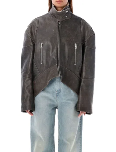 Jw Anderson Curved Leather Hem High Neck Jacket In Brown
