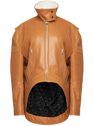 Jw Anderson Curved Leather Hem High Neck Jacket In Brown