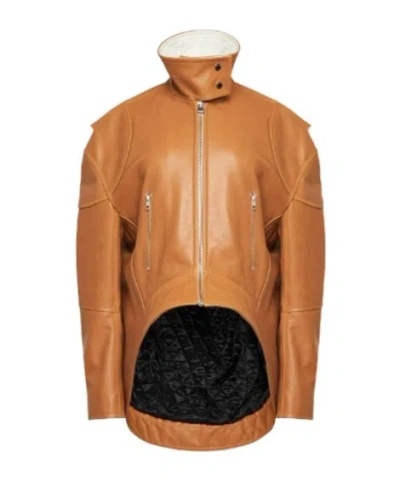 Jw Anderson Curved Leather Hem High Neck Jacket In Brown