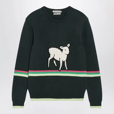Jw Anderson Dark Green Cotton Sweater With Sheep Embroidery In Black