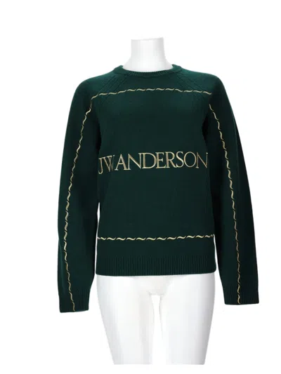 Jw Anderson Deep Green Wool Sweater With Text Detail And Wavy Pattern