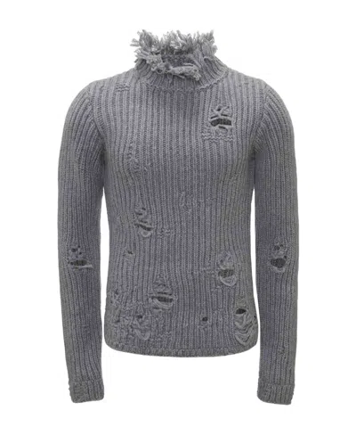 Jw Anderson Distressed-effect Merino-wool Jumper In Gray