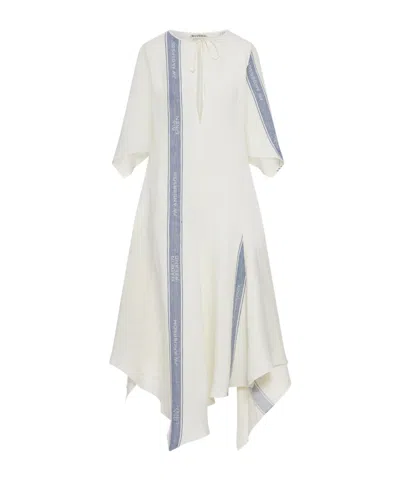 Jw Anderson Mens Off White Blue Draped-hem Branded-stripe Linen Midi Dress In Yellow