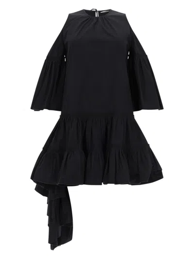 Jw Anderson A-line Mini Dress With Cascading Ruffles And Cut-out Shoulders In Black