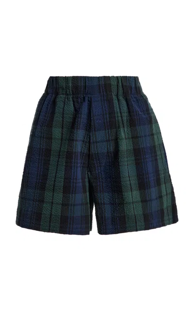 Jw Anderson Elasticated Plaid Cotton Shorts In Blue