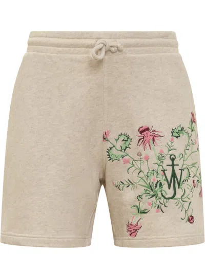 Jw Anderson Floral-embroidered Cotton Shorts In 161 Oatmeal Melange