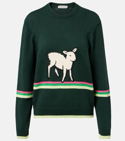 Jw Anderson Sheep Embroidered Striped Cotton Sweater In Green